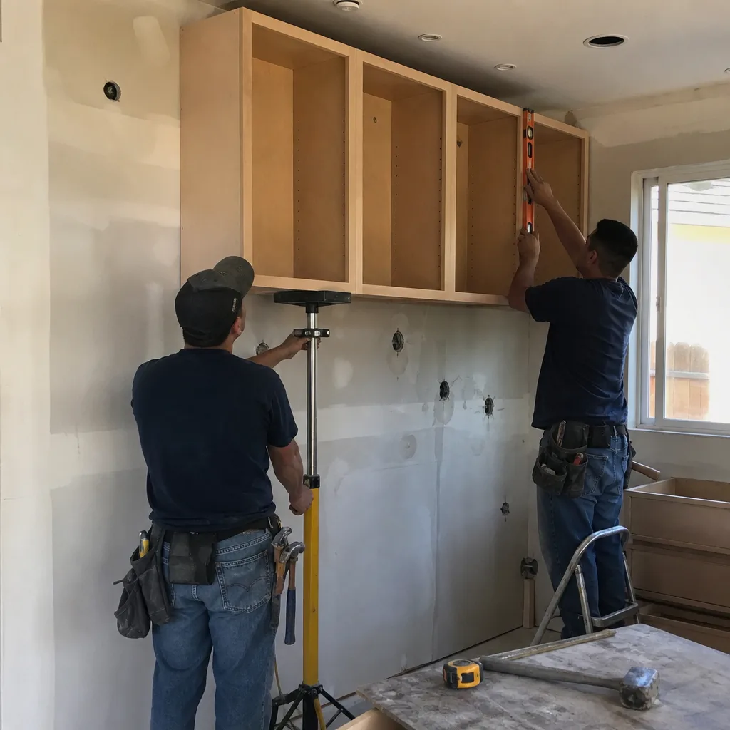 Two contractors installing wooden kitchen cabinets on a construction site