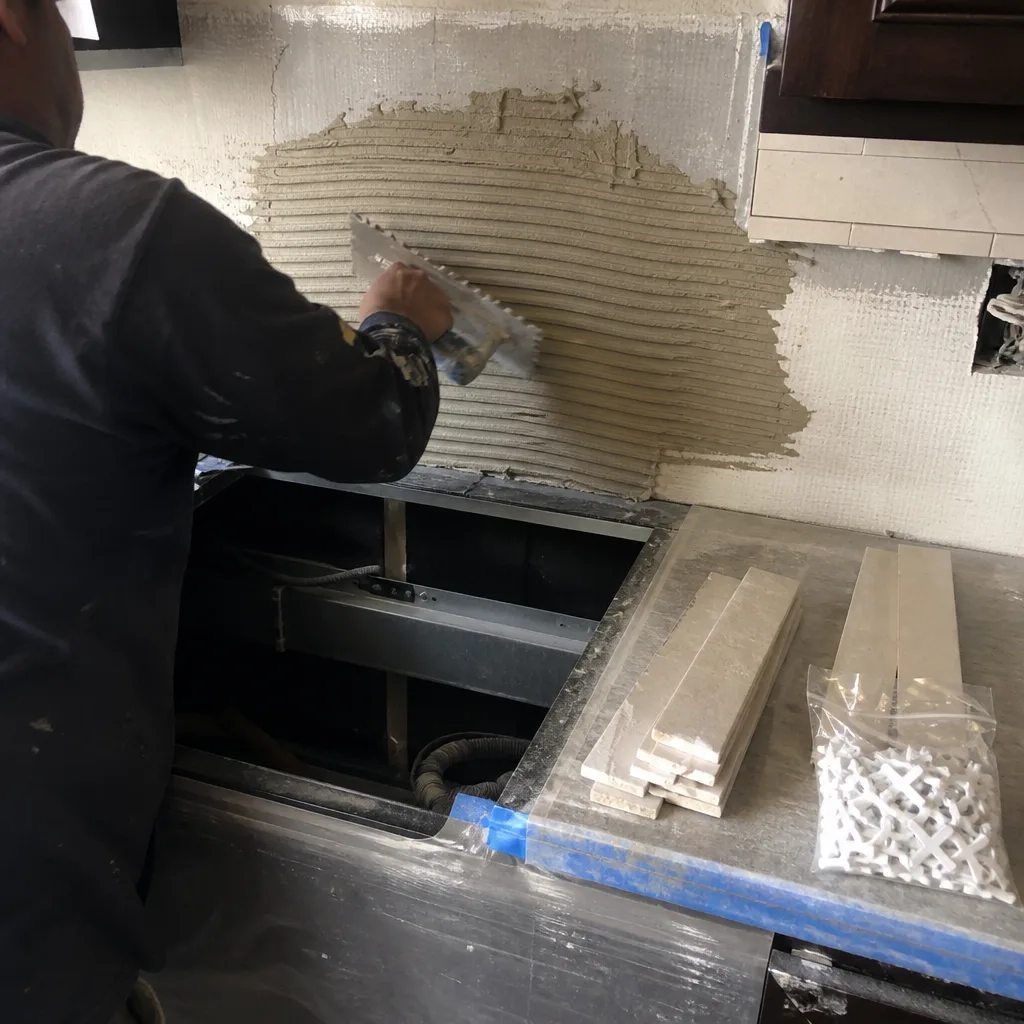 Contractor applying mortar for kitchen backsplash tile installation