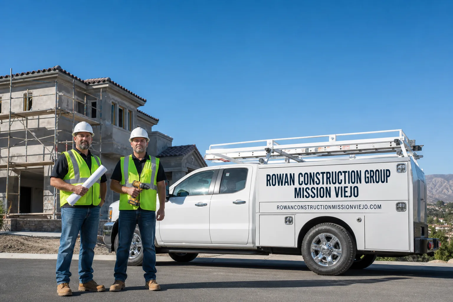 Rowan Construction Group Mission Viejo construction service vehicle and crew in Mission Viejo, CA